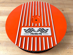 454 Big Block Chevy Classic Finned Valve Covers & 13" Air Cleaner Kit - Flag Logo - Orange
