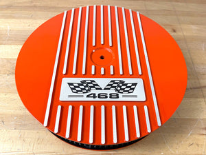 468 Big Block Chevy Classic Finned Valve Covers & 13" Air Cleaner Kit - Flag Logo - Orange