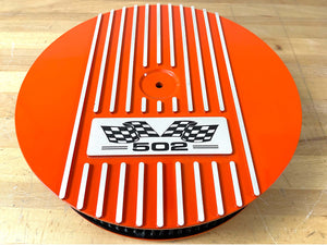 502 Big Block Chevy Classic Finned Valve Covers & 13" Air Cleaner Kit - Flag Logo - Orange