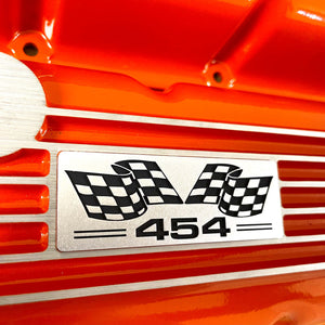 454 Big Block Chevy Classic Finned Valve Covers & 13" Air Cleaner Kit - Flag Logo - Orange