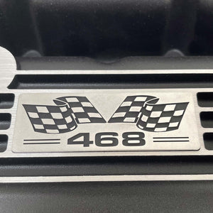 Big Block Chevy 468 Valve Covers, Flag Logo, Classic Finned - Black