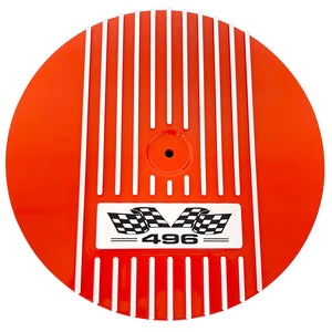496 Big Block Chevy Classic Finned Valve Covers & 13" Air Cleaner Kit - Flag Logo - Orange