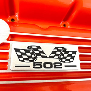 Big Block Chevy 502 Flag Logo, Classic Finned, Orange Valve Covers