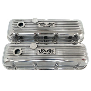 Big Block Chevy 468 Valve Covers, Flag Logo, Classic Finned - Polished