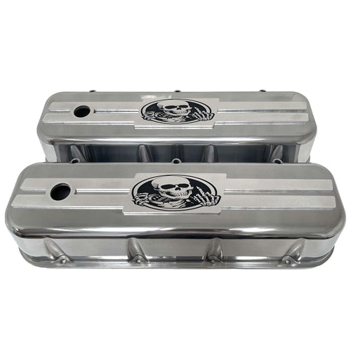 Big Block Chevy Polished Tall Valve Covers - Raised Billet Top - Engraved Skeleton