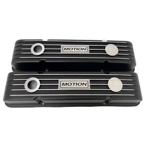 Small Block Chevy Motion Finned Valve Covers & 13" Round Air Cleaner Kit - Black