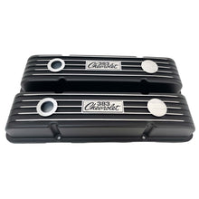 Load image into Gallery viewer, Chevy Small Block 383 Chevrolet Script Logo Classic Finned Valve Covers - Black