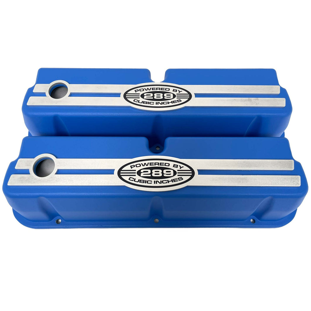 Ford 289 Cubic Inches Windsor Tall Valve Covers With Custom Engraved Billet Top - Blue