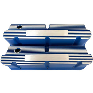 Ford Small Block Pentroof Tall Finned Valve Covers, Customizable - Blue