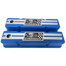 Load image into Gallery viewer, Small Block Chevy Stroker Tall Valve Covers, Custom Engraved Skeleton Billet - Blue