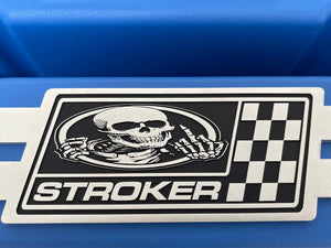 Small Block Chevy Stroker Tall Valve Covers, Custom Engraved Skeleton Billet - Blue