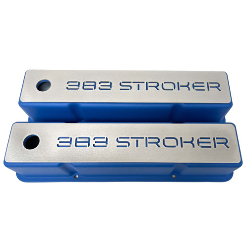 383 Stroker Small Block Chevy Tall Valve Covers, Custom Billet Top - Blue