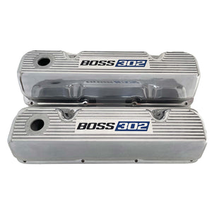 Ford Boss 302 Valve Covers "Elite Series" Blue Logo - 351 Cleveland - Polished