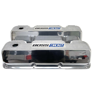 Ford 351 Cleveland Boss 302 Valve Covers - Blue Logo - Polished