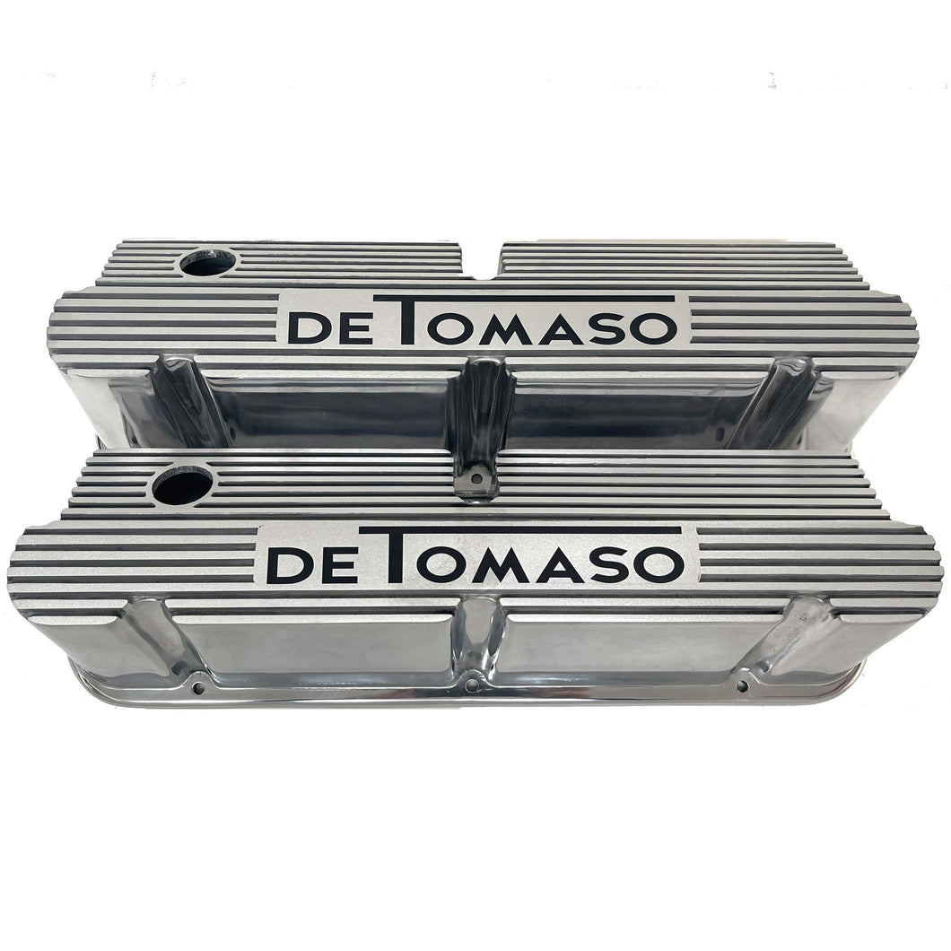 Ford De Tomaso -Text Logo- Small Block Pentroof Tall Valve Covers - Polished