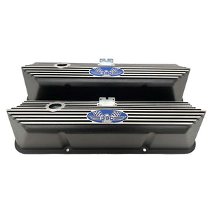 Ford FE 390 American Eagle Valve Covers Tall Finned, Blue Logo - Black