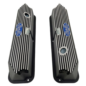 Ford FE 390 American Eagle Valve Covers Tall Finned, Blue Logo - Black