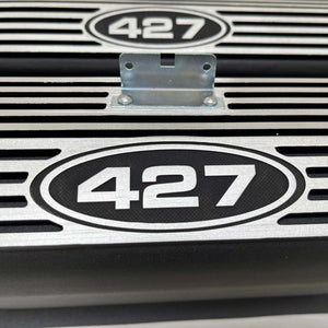 Ford FE 427 Tall Black Valve Covers, Finned, Custom Engraved