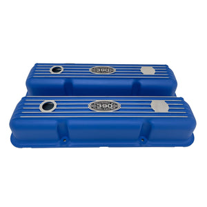 Ford FE 390 Valve Covers Short Finned (POWERED BY 390) Blue - Style 2