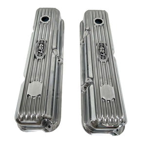 Ford FE 427 Valve Covers Short Finned "POWERED BY 427 CUBIC INCHES" - Polished