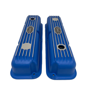 Ford FE 390 Valve Covers Short Finned (POWERED BY 390) Blue - Style 2