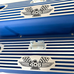 Ford FE 406 American Eagle Tall Valve Covers - Finned - Blue