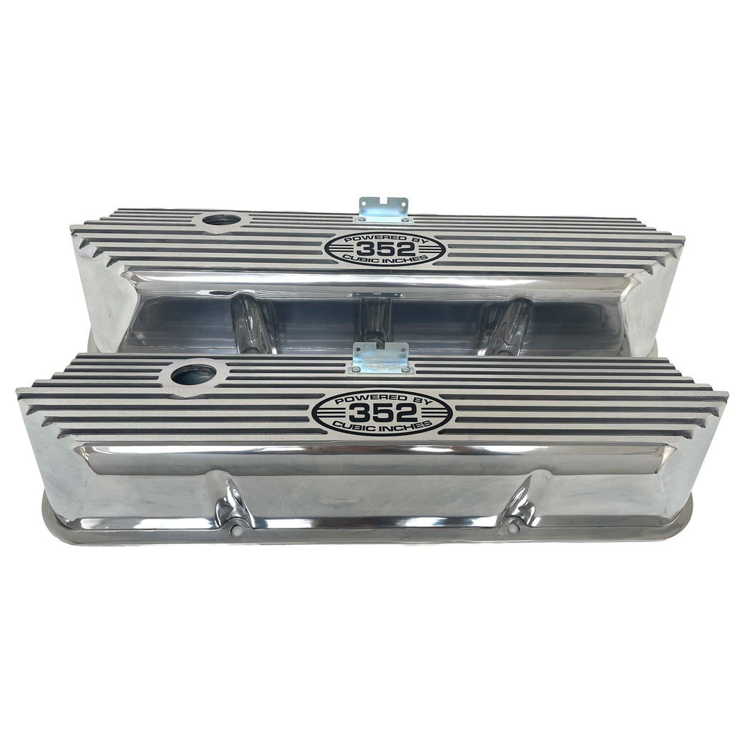 Ford FE 352 Valve Covers Tall Finned POWERED BY 352 CUBIC INCHES - Polished