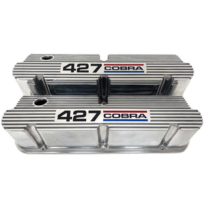 Ford Small Block Pentroof 427 Cobra Tall Valve Covers, 3 Color Logo - Polished