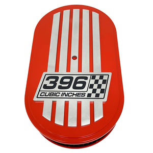 396 Cubic Inches, Custom Raised Billet Top Logo 15" Oval Air Cleaner Lid Kit - Orange