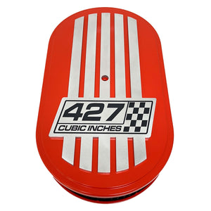 427 Cubic Inches, Custom Raised Billet Top Logo 15" Oval Air Cleaner Lid Kit - Orange