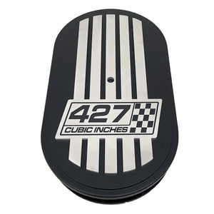 427 Cubic Inches, Custom Raised Billet Top Logo 15" Oval Air Cleaner Lid Kit - Black