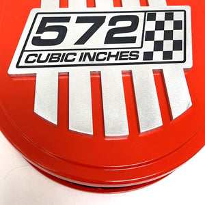 572 Cubic Inches, Custom Raised Billet Top Logo 15" Oval Air Cleaner Lid Kit - Orange