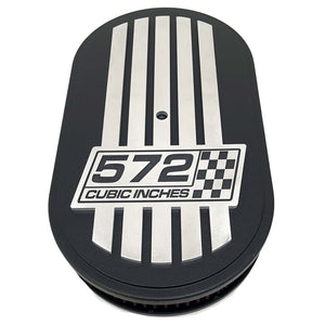 572 Cubic Inches, Raised Billet Top - 15" Oval Air Cleaner Kit - Black
