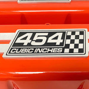 Chevy 454 - Big Block Tall Valve Covers - Engraved Raised Billet - Style 2 - Orange