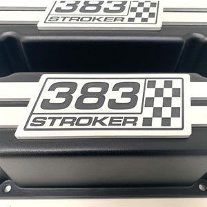383 Stroker Small Block Chevy Tall Valve Covers, Custom Engraved Billet - Black