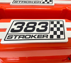 383 Stroker Small Block Chevy Tall Valve Covers, Custom Engraved Billet - Orange