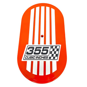 355 Cubic Inches, Custom Raised Billet Top Logo 15" Oval Air Cleaner Lid Kit - Orange