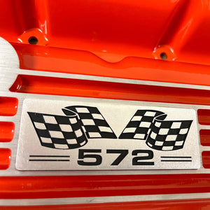 Big Block Chevy 572 Valve Covers, Flag Logo, Classic Finned - Orange