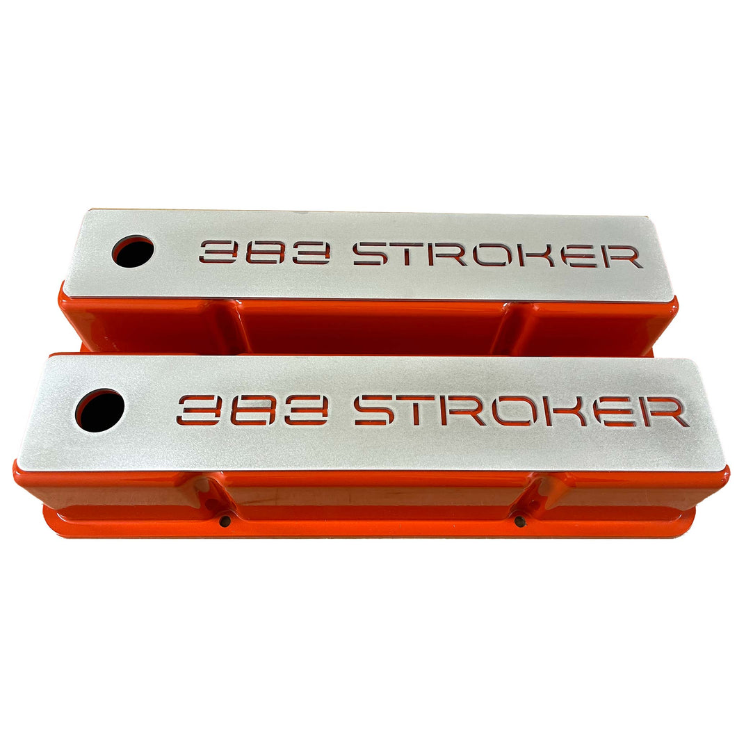 383 Stroker Small Block Chevy Tall Valve Covers, Custom Billet Top - Orange