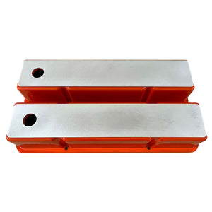 Small Block Chevy Tall Valve Covers, Custom Engravable Billet Top - Orange