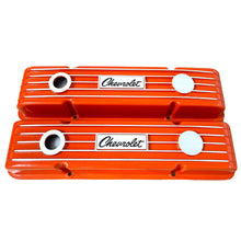 Load image into Gallery viewer, Chevy Small Block Chevrolet Script Logo Classic Finned Valve Covers - Orange