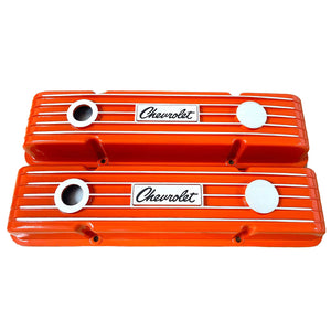Chevy Small Block Chevrolet Script Logo Classic Finned Valve Covers - Orange
