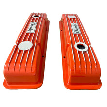 Load image into Gallery viewer, Chevy Small Block Chevrolet Script Logo Classic Finned Valve Covers - Orange