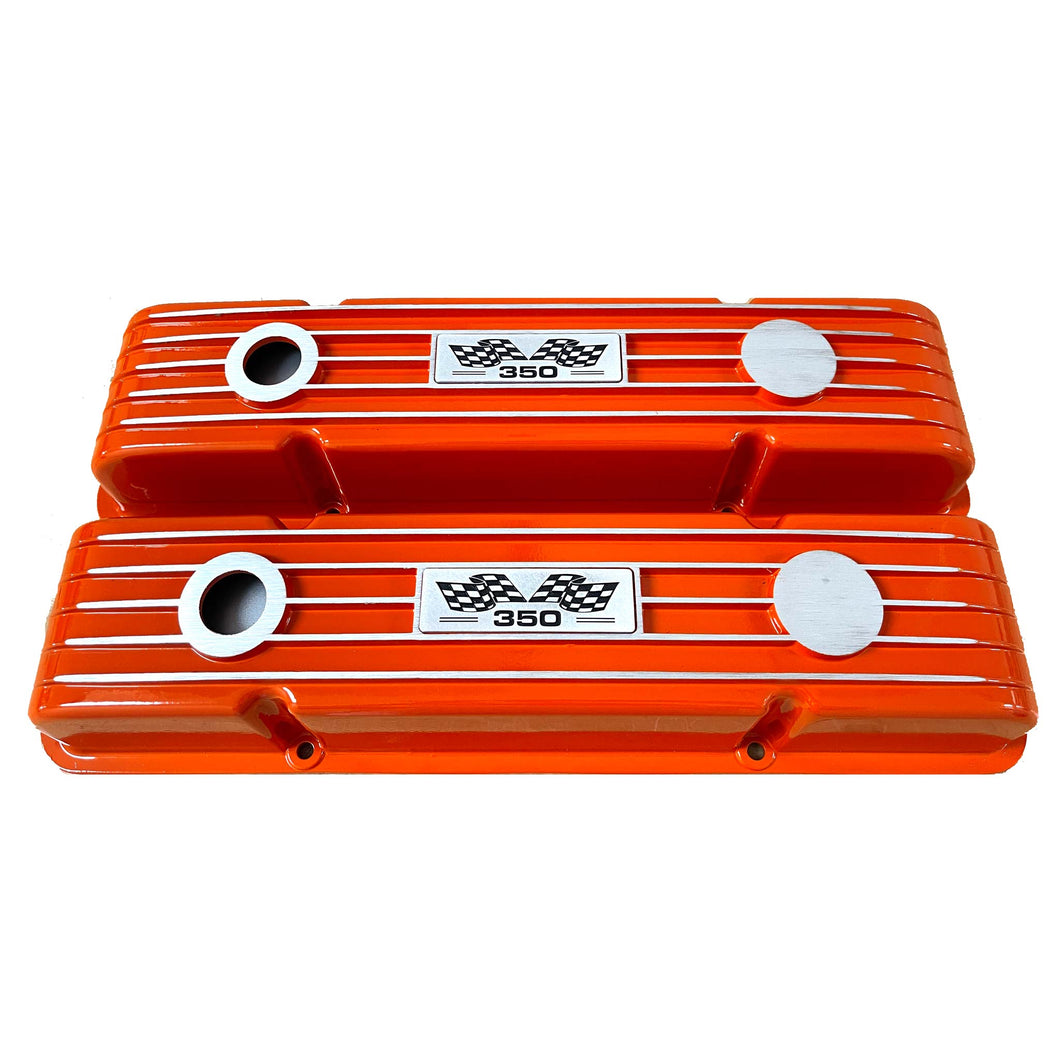 Small Block Chevy 350 Valve Covers, Flag Logo, Finned - Orange