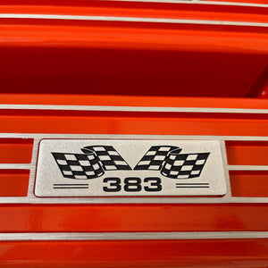 Small Block Chevy 383 Valve Covers, Flag Logo, Finned - Orange