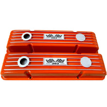 Load image into Gallery viewer, Small Block Chevy 383 Valve Covers, Flag Logo, Finned - Orange