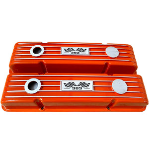 Small Block Chevy 383 Finned Valve Covers & 13" Round Air Cleaner Kit - Orange