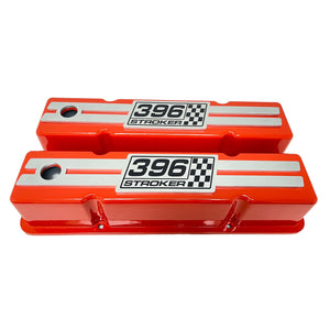 396 Stroker Small Block Chevy Tall Valve Covers, Custom Engraved Billet - Orange