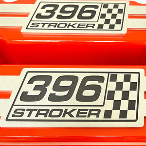 396 Stroker Small Block Chevy Tall Valve Covers, Custom Engraved Billet - Orange