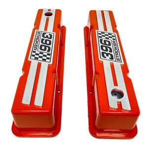 396 Stroker Small Block Chevy Tall Valve Covers, Custom Engraved Billet - Orange